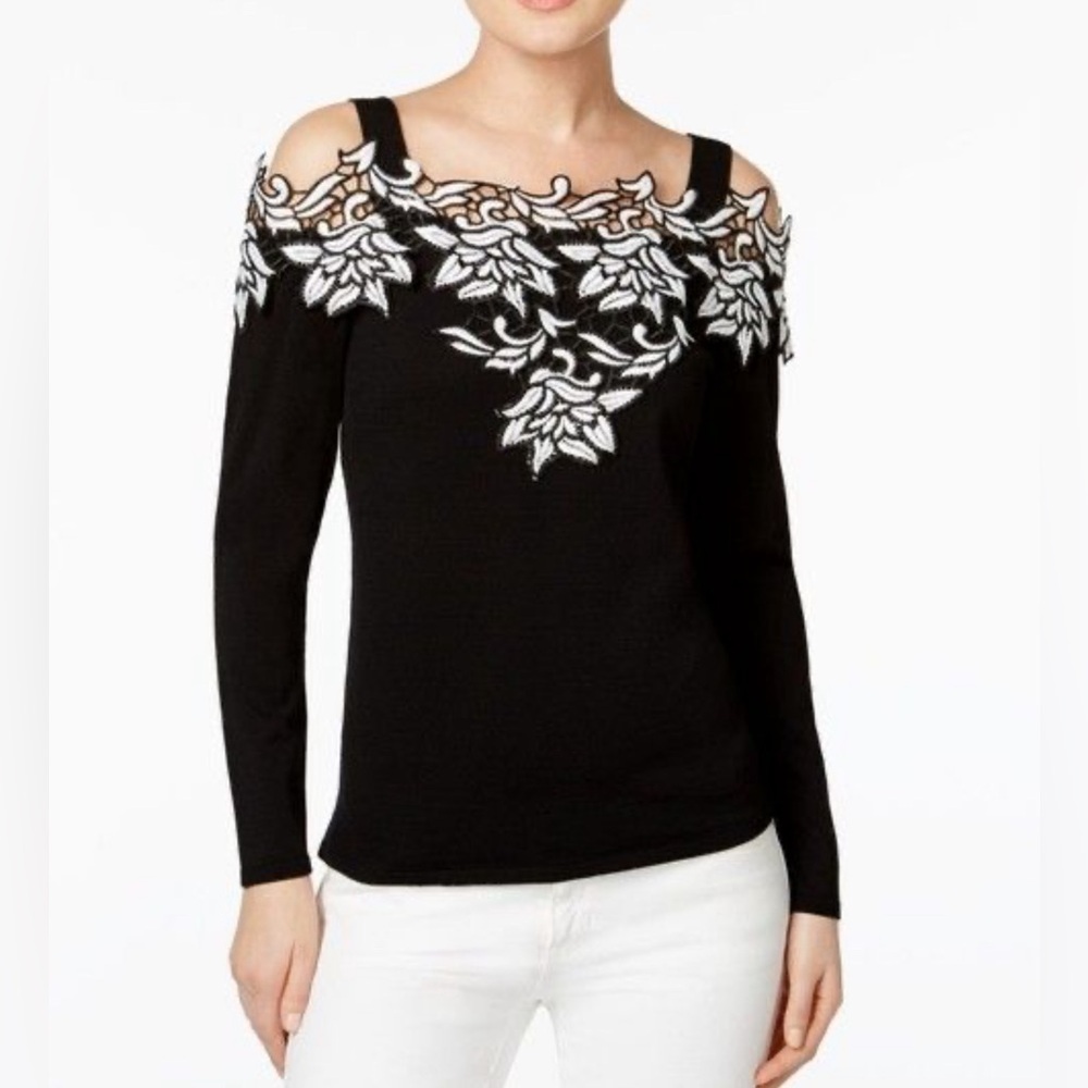 INC International Concepts Black White Floral Appliqué Cold Shoulder Sweater Top